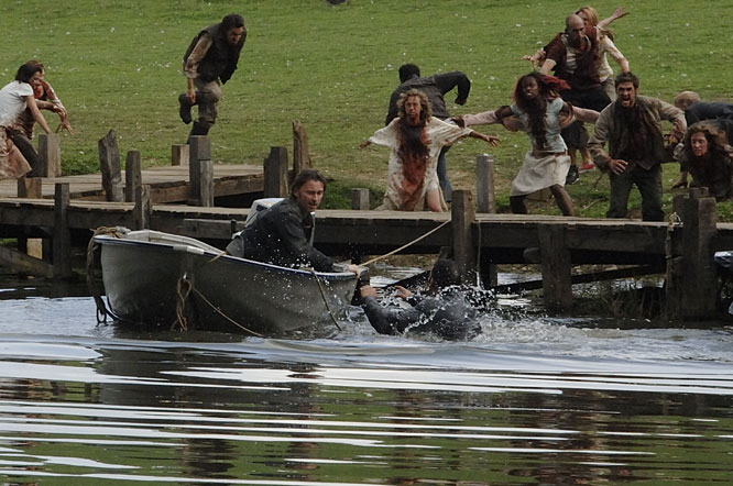 Robert Carlyle is attacked by scary zombies in a country park