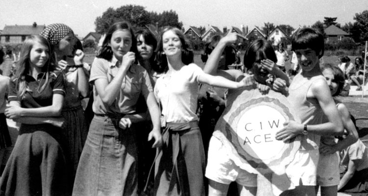 Cat James and her classmates, school sports day 1978